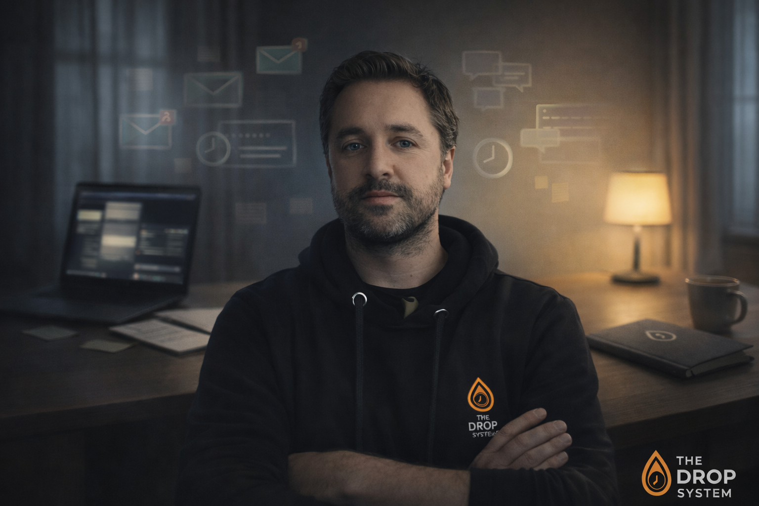 The hidden cost of staying disorganised shown as subtle floating task reminders and mental load around a focused professional at desk