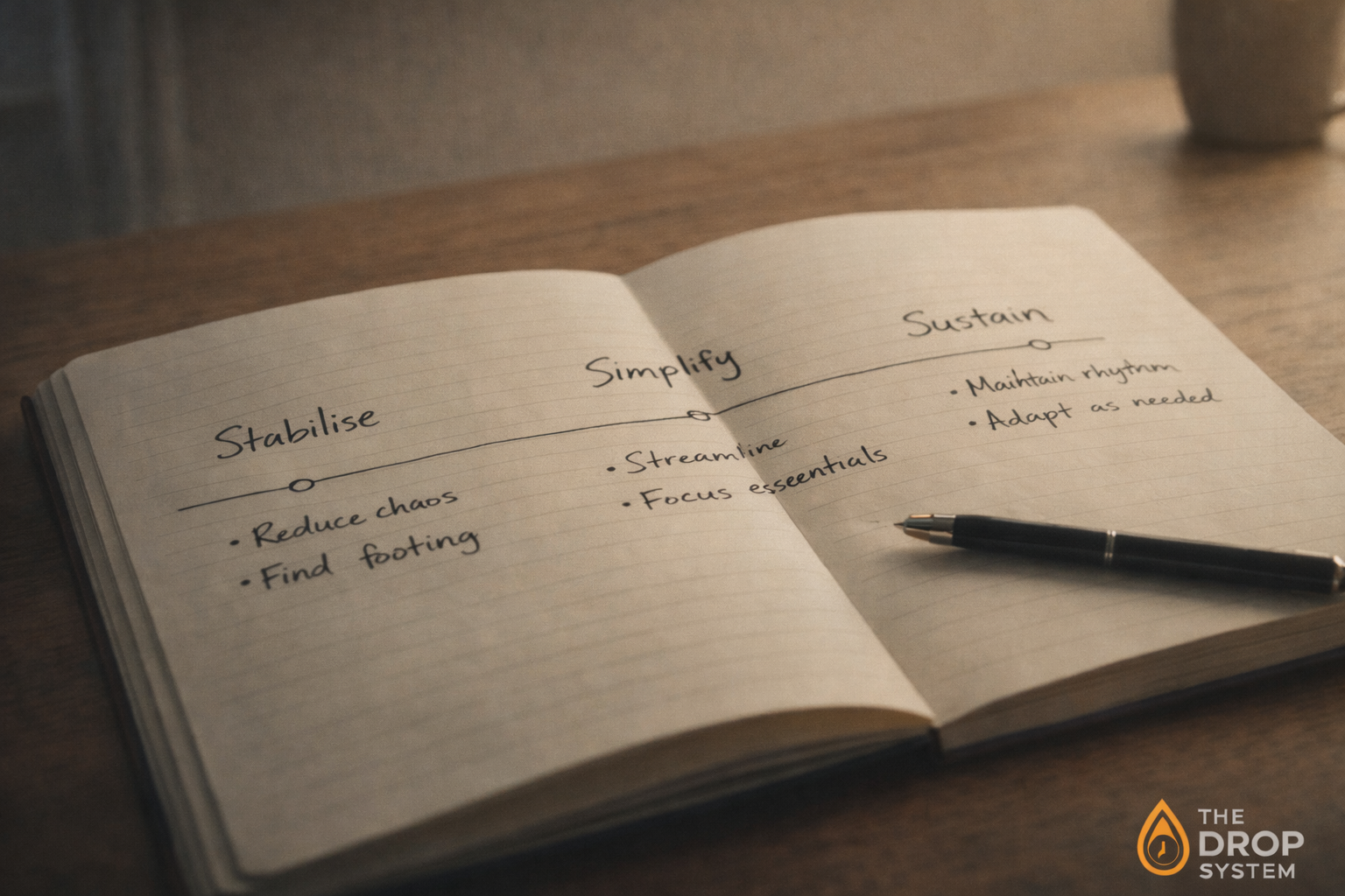 How long to see results illustrated as a calm three-stage timeline labelled Stabilise, Simplify and Sustain
