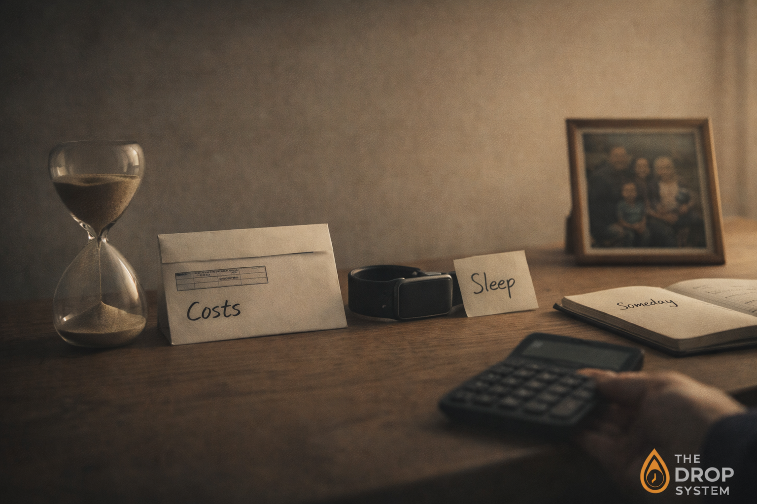 Yearly cost of disorganisation shown as time, money, health and opportunity represented by everyday objects on a table with a subtle DROP logo