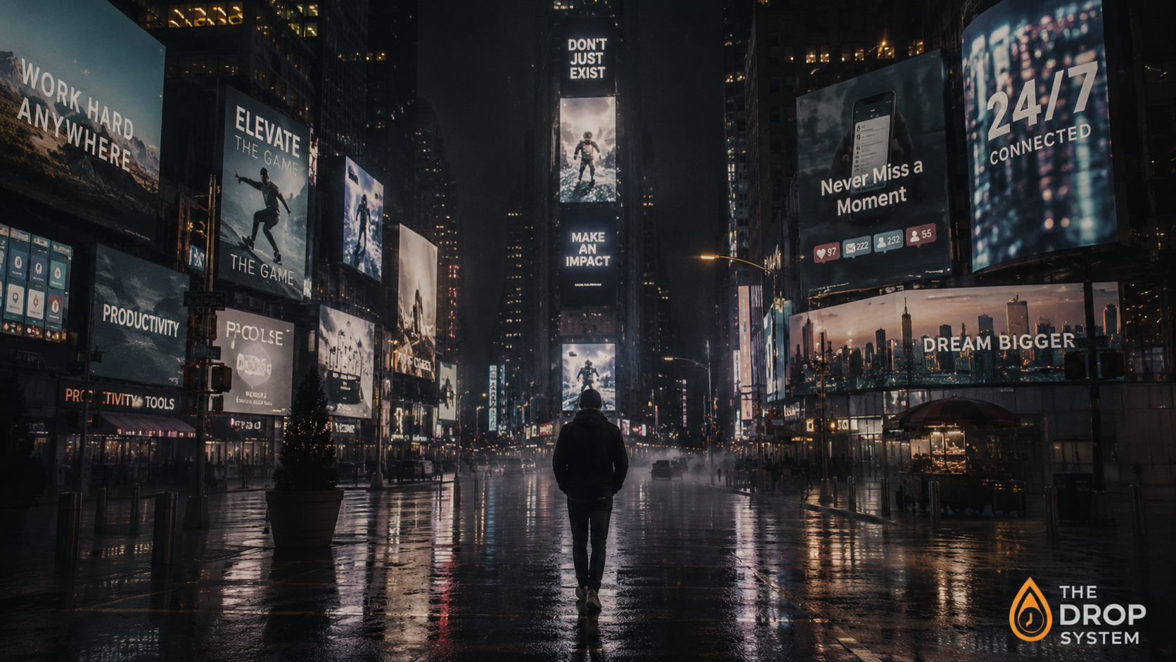 Attention economy is designed illustrated as glowing advertisements competing for attention in a dark city environment