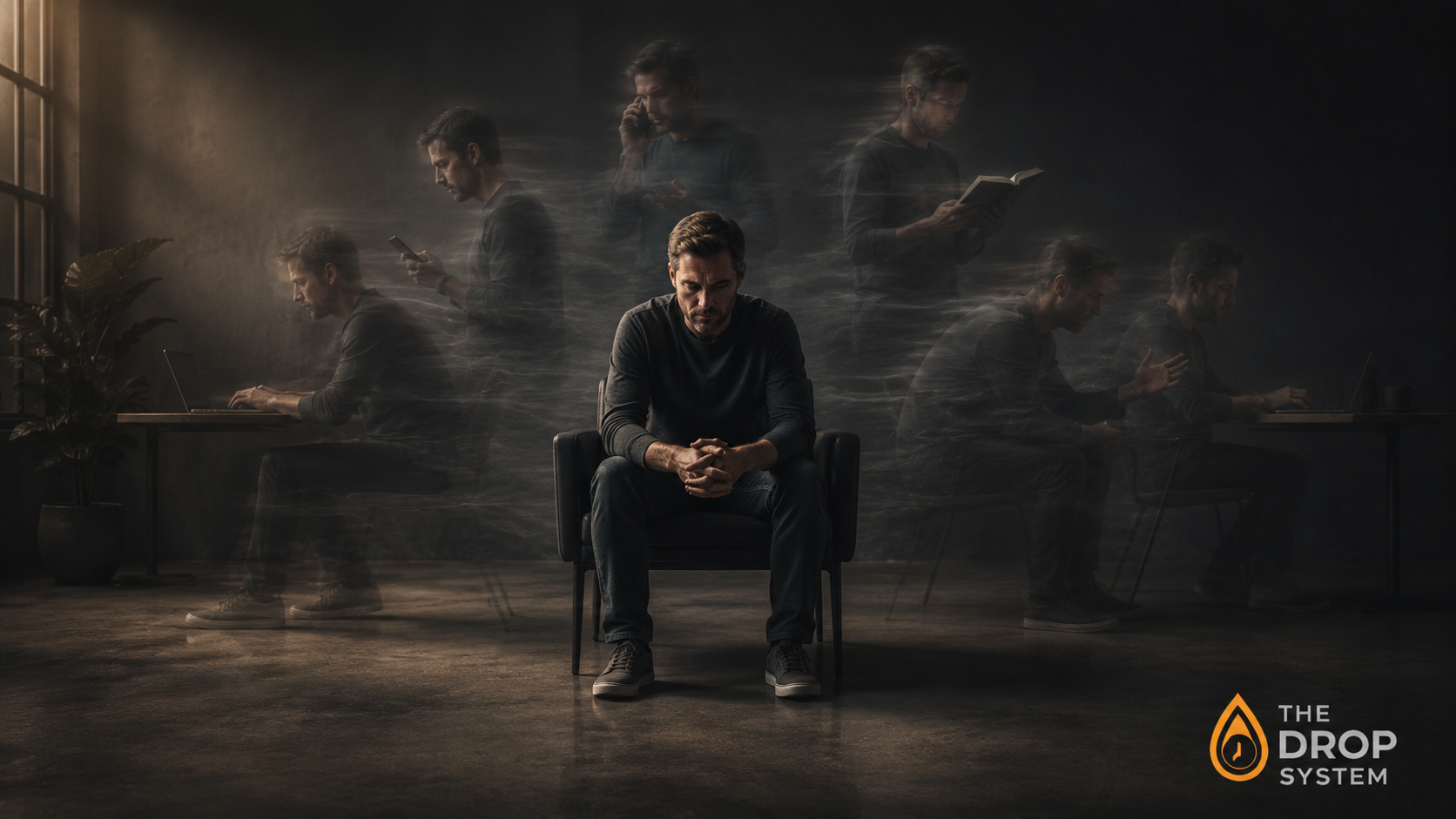 Real cost of context switching illustrated as overlapping blurred task trails surrounding a focused person