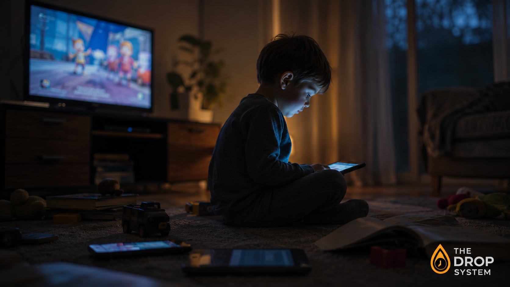 Smartphones and childhood attention illustrated as a child surrounded by glowing digital stimulation in a dark room