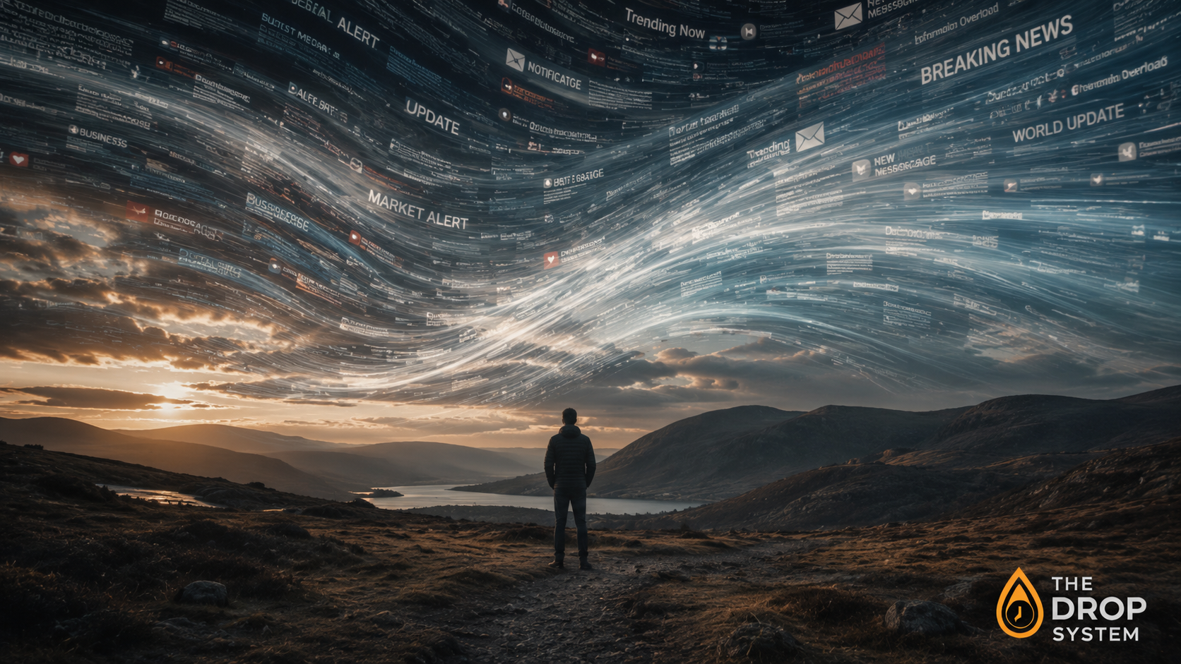 Brain wasn’t built for this illustrated as a human figure surrounded by overwhelming streams of modern information