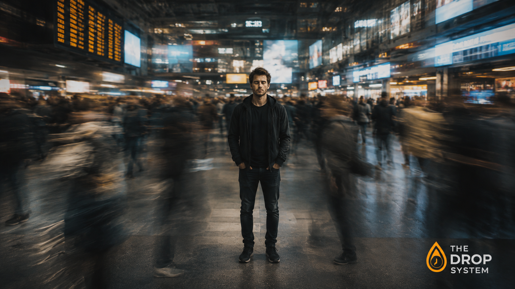Productivity advice stops working illustrated as a person attempting to focus while surrounded by blurred motion and interruptions
