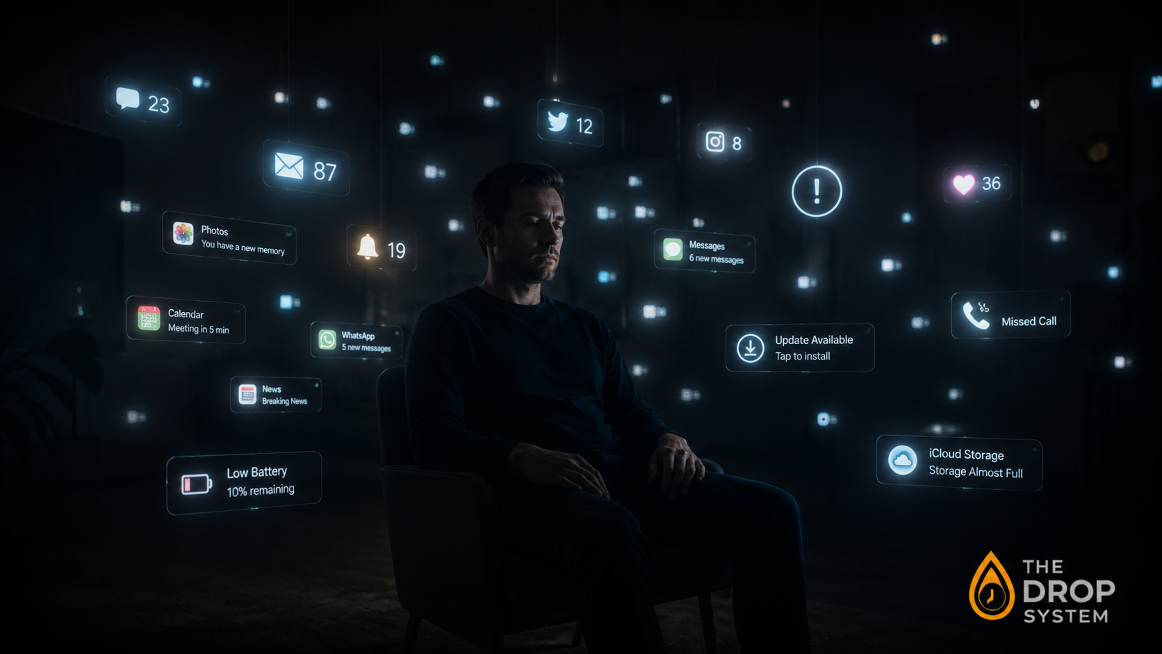 Notifications are training your brain illustrated as glowing phone alerts surrounding a person in darkness