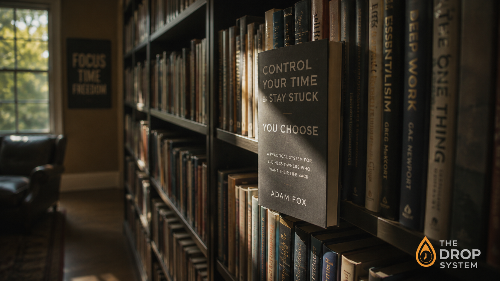 Do you need another productivity book shown as a quiet library aisle with a single book pulled forward