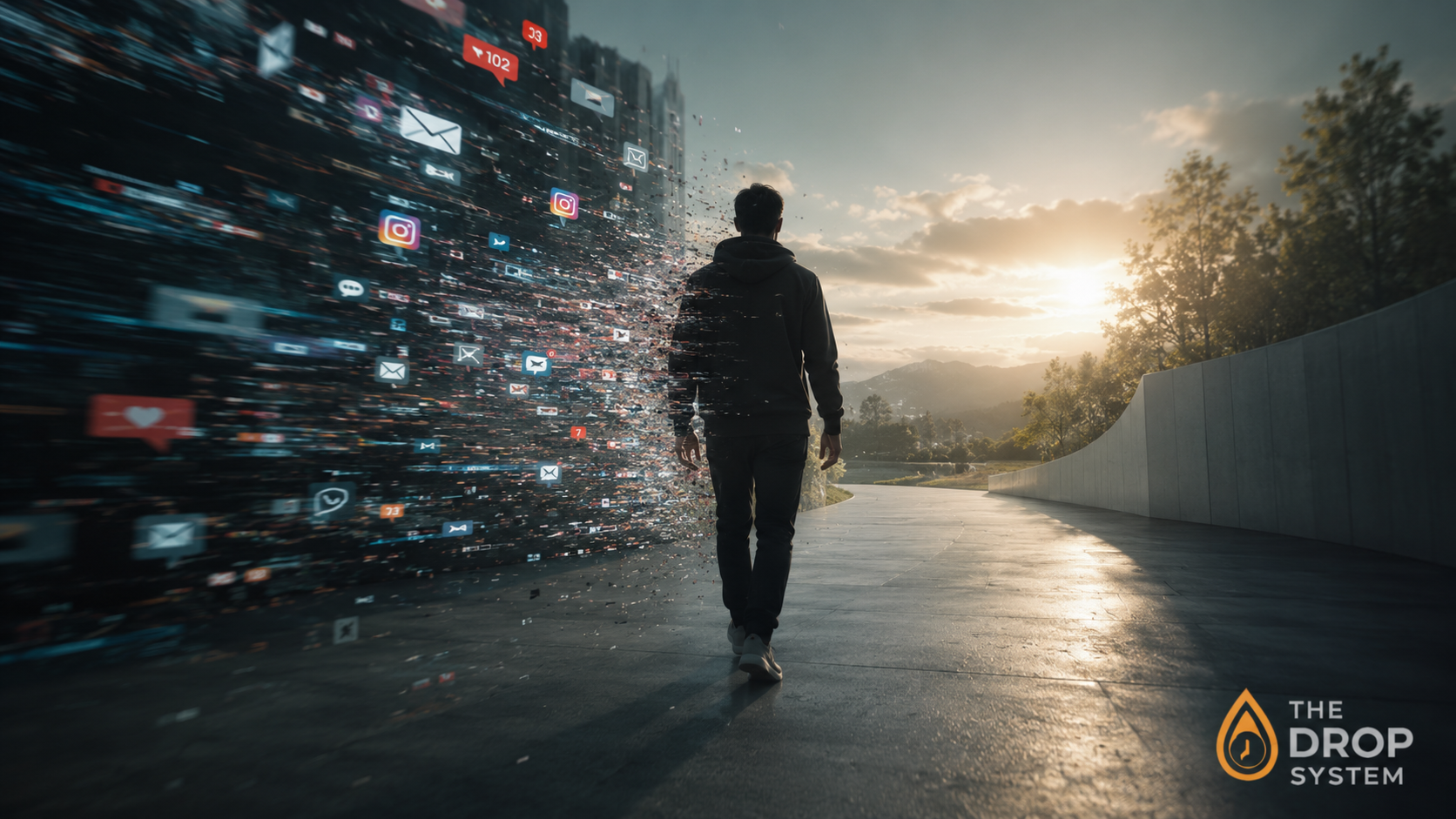 Reclaiming your attention illustrated as a person standing calmly while digital noise fades into the background
