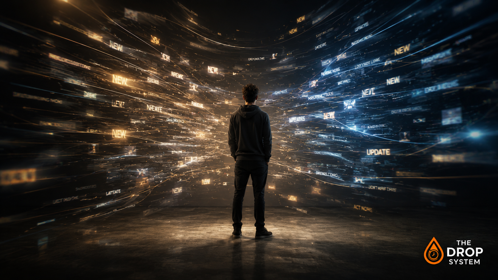 Brain craves constant stimulation illustrated through a person surrounded by endless glowing streams of information while searching for focus
