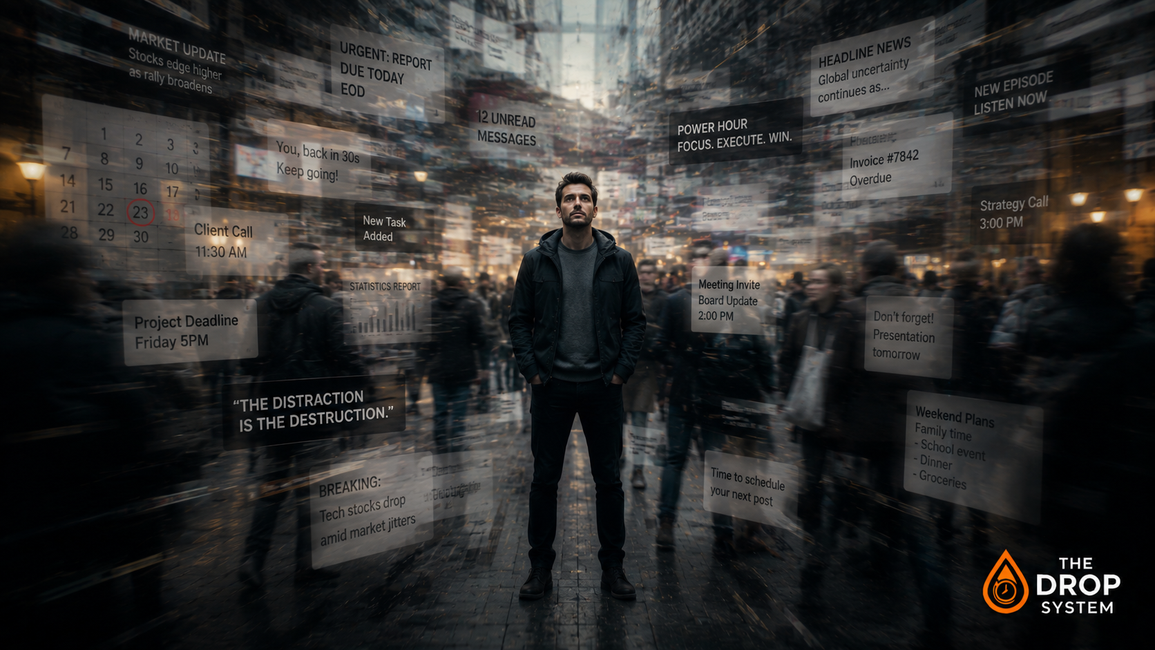 Modern life feels noisy as a calm person stands surrounded by blurred streams of information competing for attention