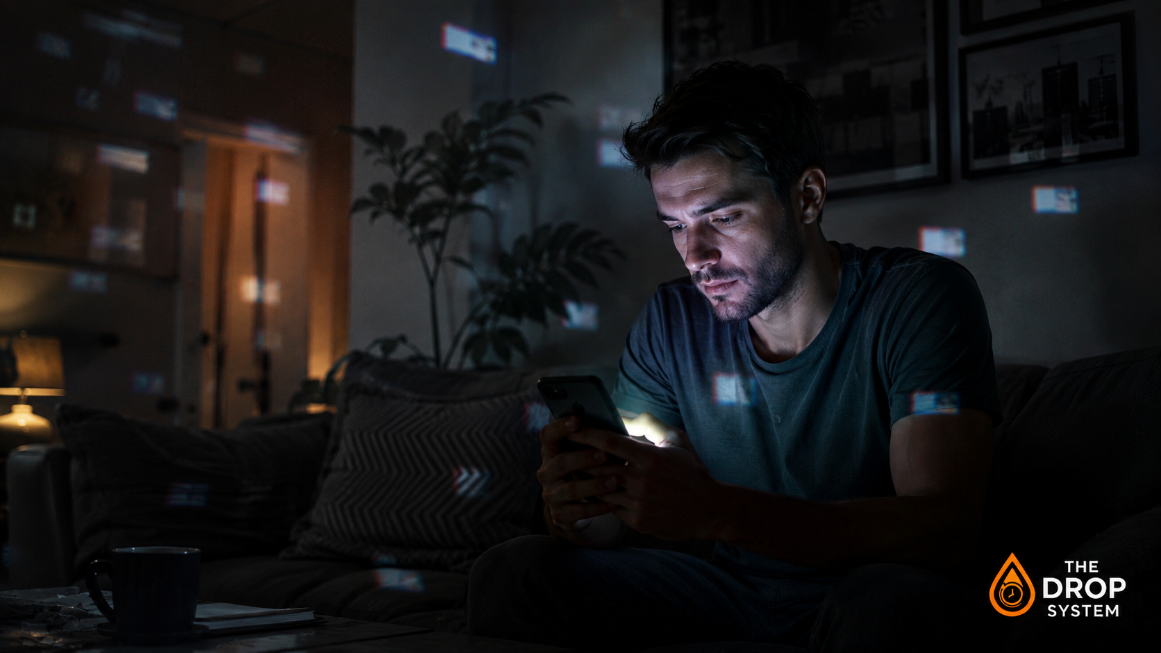 Phone training attention span shown through repeated glowing notifications reflected across a tired person’s face at night