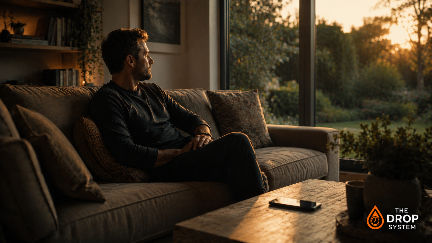 Can't relax without your phone shown through a person sitting peacefully while a smartphone rests just out of reach on a nearby table