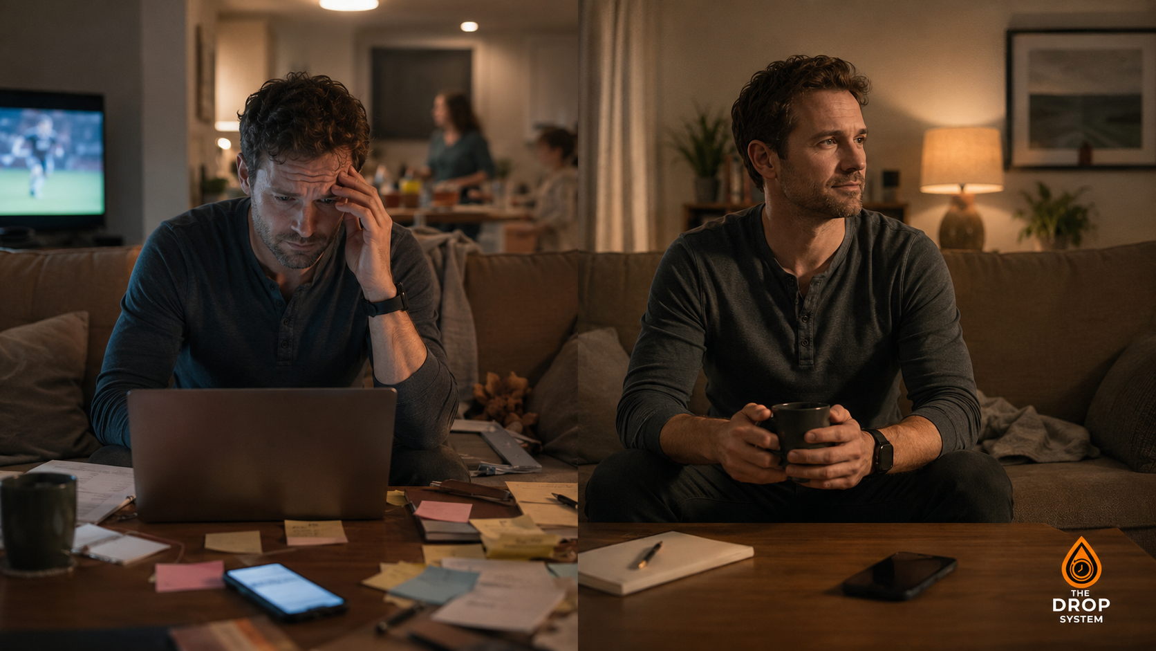 The link between overstimulation and anxiety shown through a person surrounded by layered noise, screens and demands while seeking a calmer space