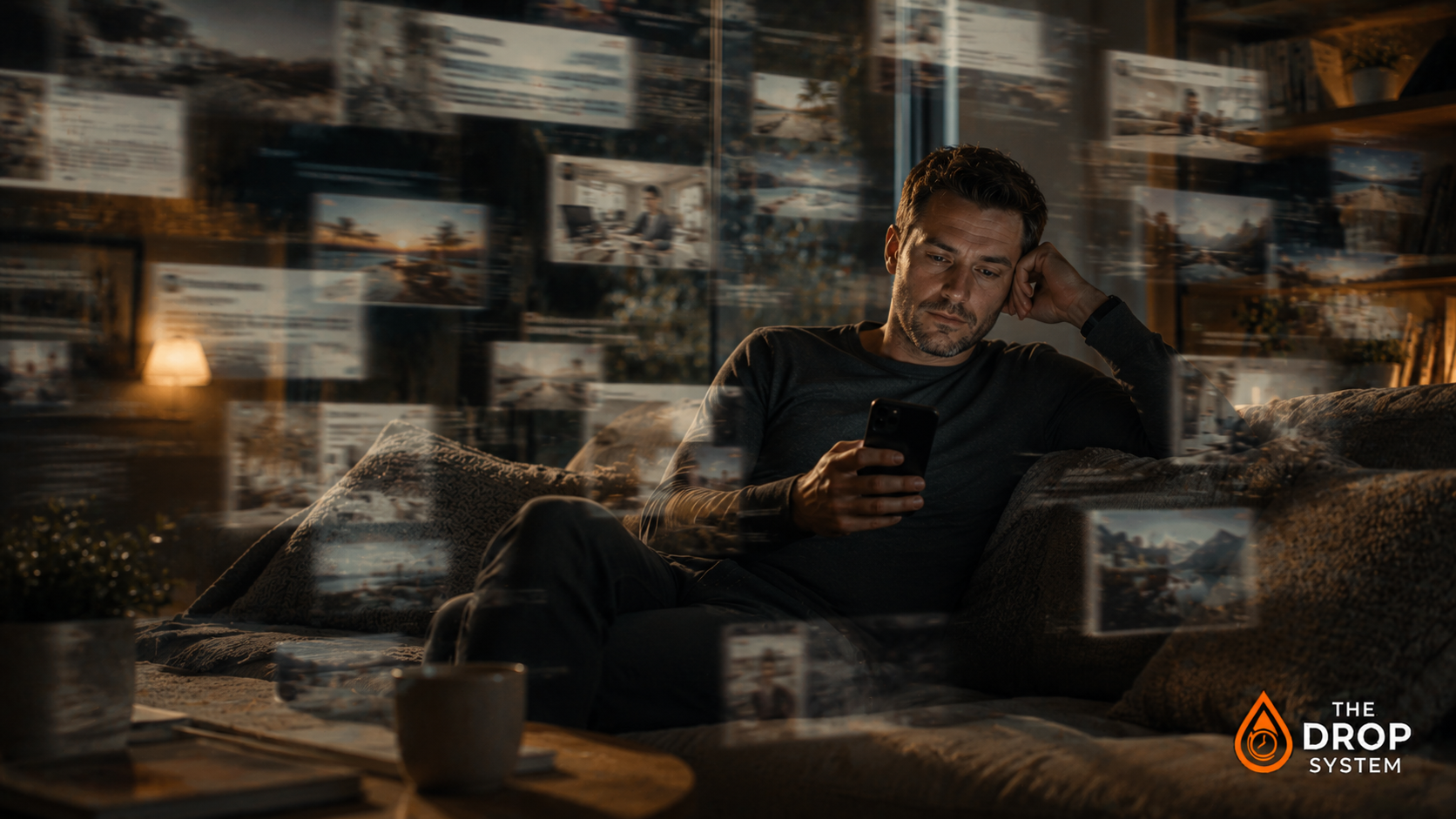 Social media leaves people mentally drained as a person sits exhausted while endless blurred content flows around them.